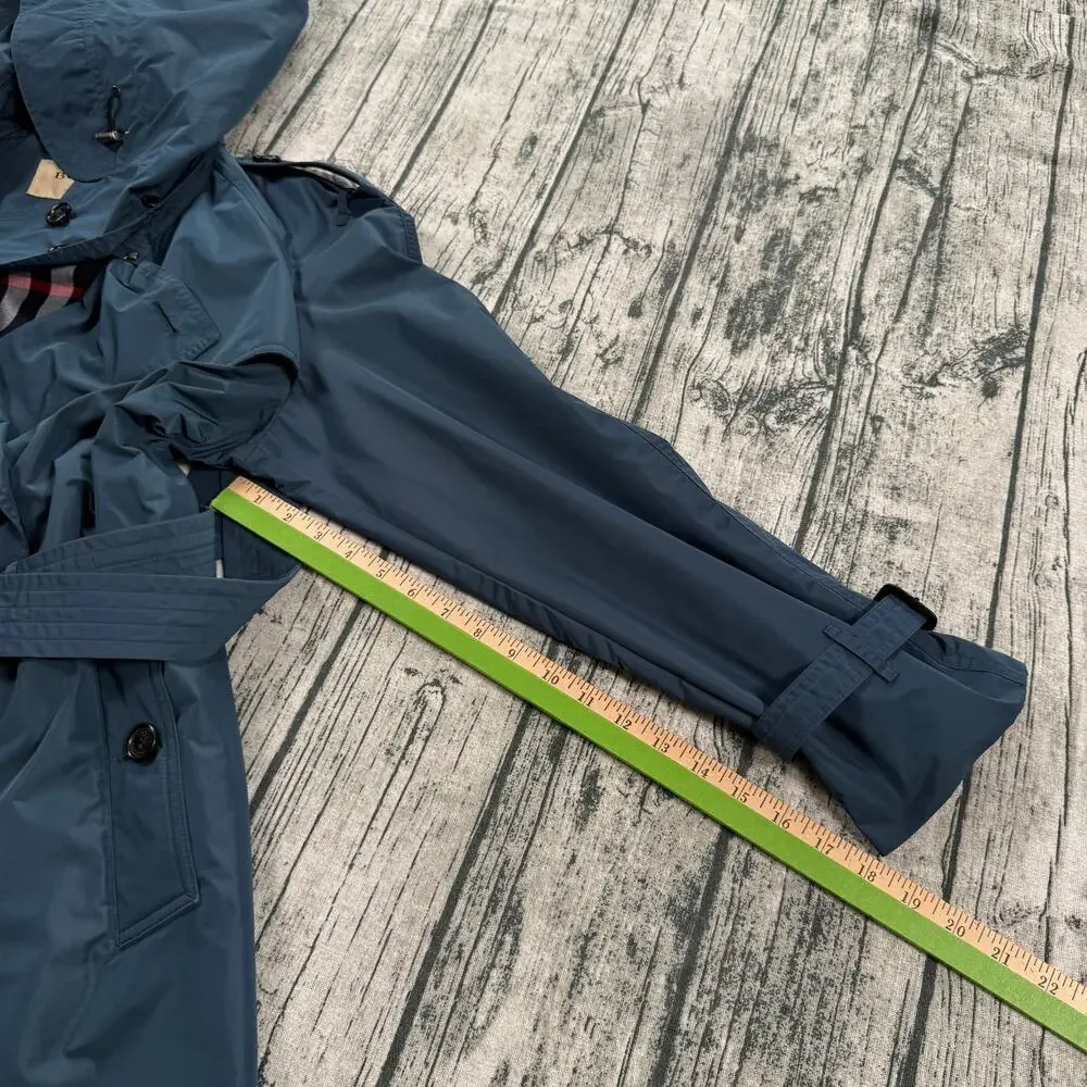 Burberry London Blue Trench Coat Women Hooded Belted Nova Check Lined Size 14 - Picture 10 of 16